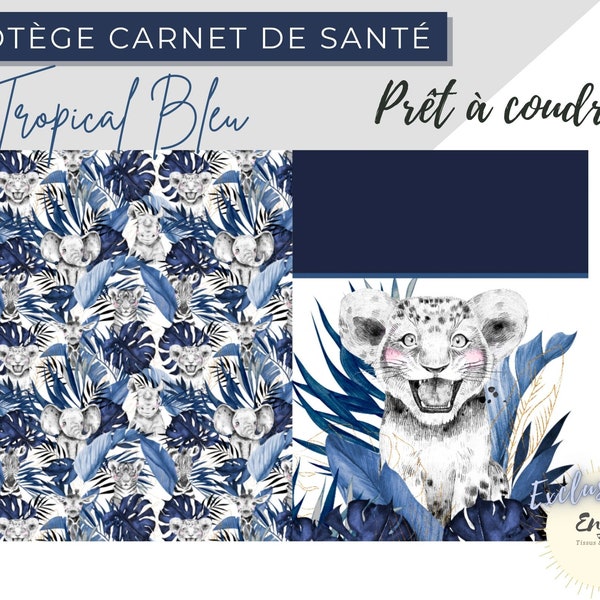 Patron Tissu Protège Carnet de Santé Bébé Savane Bleu OEKO TEX, Coupon DIY Lionceau Animaux de la Jungle Lion pour Bébé personnalisable