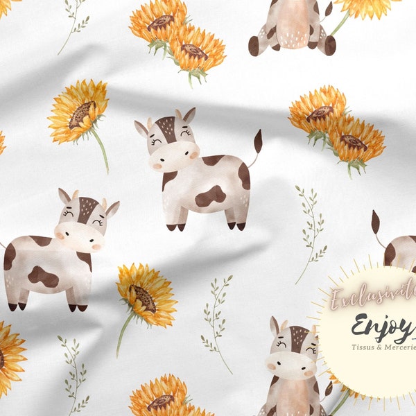 Tissu Vache Animaux de la Ferme Tournesols au mètre, Imprimé Fleuri Champêtre Coton / Jersey / French Terry / Tissu Imperméable / Oeko-Tex®