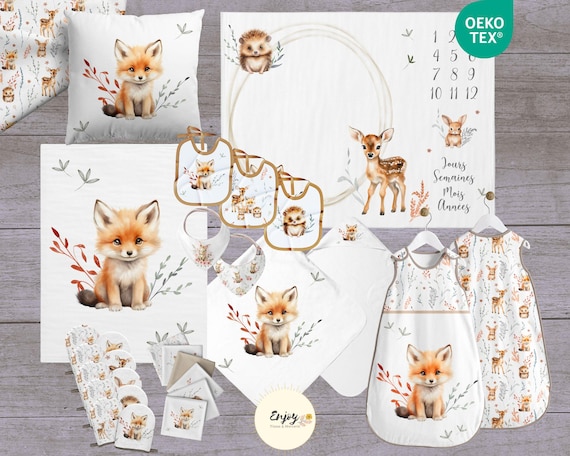 Kit Naissance Bébé Renard à Coudre Gigoteuse, Cape de Bain, Bavoir, Panneau Couverture, Lingettes Lavables, Coupon Tissu Animaux OekoTex