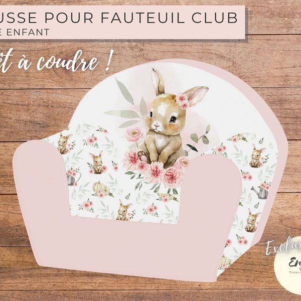 Panneau de Tissu pour Housse de Fauteuil Club Enfant, Imprimé Lapin Rose Fleuri Fleurs Feuillages, Animaux de la Forêt, 100% Coton OEKO TEX®