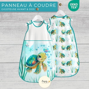 Blauwe schildpad babyslaapzak paneel klaar om te naaien, zeedieren stof coupon 100% katoen Oeko-Tex, oceaanslaapzak