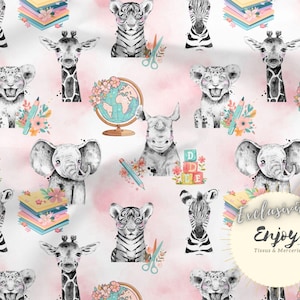Tissu Savane Rose Back To school, Imprimé Animaux école fournitures scolaires Coton / Jersey / French Terry / Imperméable / Oeko-Tex®