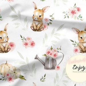 Pink Floral Rabbit Fabric by the meter, Forest Animals, Garden Animals, Baby Child Cotton / Jersey / French Terry / Waterproof Fabric / Oeko-Tex®