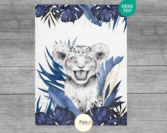 Painel de manta de savana azul filhote de leão, cupom de tecido 100% algodão Oeko-Tex para bebês e crianças, animais da selva tropical