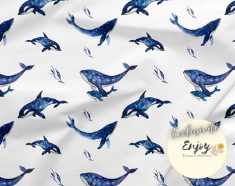 Tissu Baleine, Océan, au mètre, Imprimé Animaux Fond Marins Coton / Jersey / French Terry / Tissu Imperméable / Oeko-Tex®