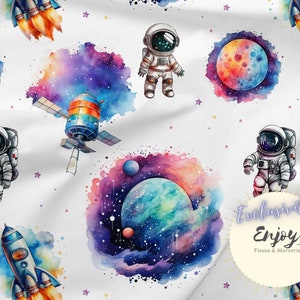 Tessuto misto astronauta spaziale pianeta razzo galassia al metro per neonato bambino cotone / jersey / French Terry / tessuto impermeabile / Oeko-Tex®
