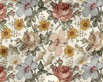 Vintage Boho Country Floral Yellow Fabric by the Meter, Flowers, Foliage, Roses, Lilies, Cotton/Jersey/French Terry/Waterproof/Oeko-Tex®