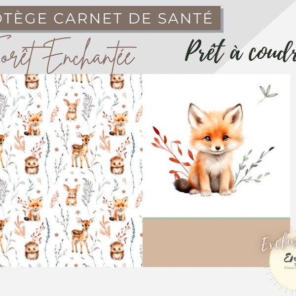 Patron Protège Carnet de Santé Bébé Renard Animaux de la Forêt Enchantée, Panneau Tissu Coton OEKO-TEX DIY personnalisable Prêt à Coudre