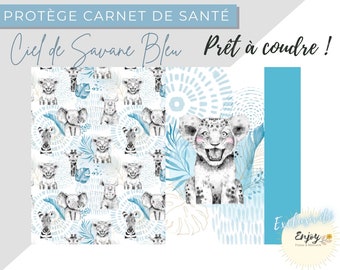 Panneau Patron Tissu Protège Carnet de Santé Bébé Animaux de la Savane Bleu OEKO TEX, Tissu Lion Animaux de la Jungle