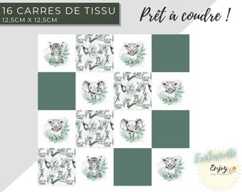 Panneau de Lingettes Savane Vert Jade pour Bébé, 16 Carrés de Coton OEKO TEX à coudre, Coupon Lingettes Lavables Animaux de la Jungle Enfant