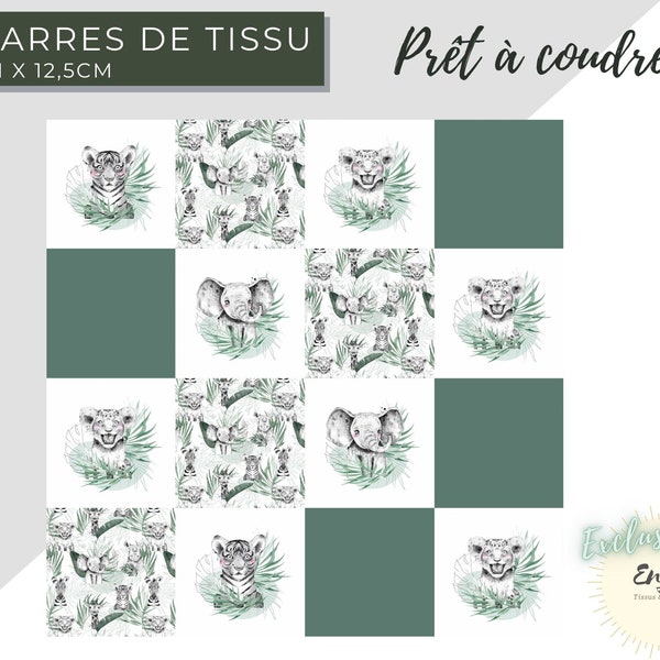 Panneau de Lingettes Savane Vert Jade pour Bébé, 16 Carrés de Coton OEKO TEX à coudre, Coupon Lingettes Lavables Animaux de la Jungle Enfant