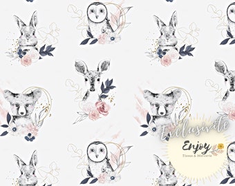 Forest Animals Fabric by the meter, Floral Print, Pink & Blue Flowers, in Cotton / Jersey / French Terry / Waterproof Fabric / Oeko-Tex®