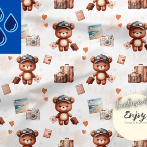 May include: A seamless pattern featuring brown teddy bears wearing aviator goggles and holding suitcases. The bears are surrounded by hearts, passport stamps, and vintage cameras. The text "Exclusive Enjoy Tissus & Mercerie" is in the bottom right corner.