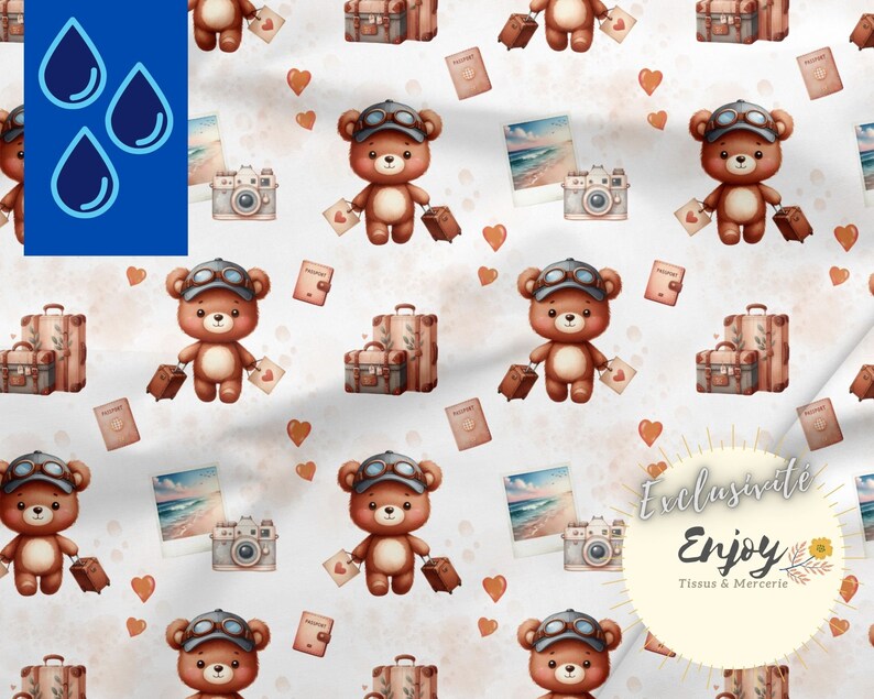 May include: A seamless pattern featuring brown teddy bears wearing aviator goggles and holding suitcases. The bears are surrounded by hearts, passport stamps, and vintage cameras. The text "Exclusive Enjoy Tissus & Mercerie" is in the bottom right corner.