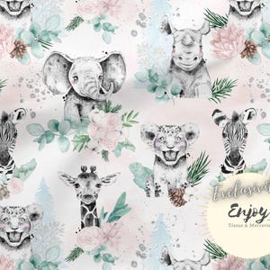 Tessuto natalizio Animali della savana Rosa e verde acqua Boho per neonati in cotone / Jersey / French Terry / Impermeabile / Oeko-Tex®