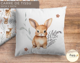 Panneau de Coussin Lapin Animaux de la Forêt Enchantée OEKO TEX, Tissu Coton pour Bébé Enfant, Coupon Carré 50 x 50 cm Chambre Bébé