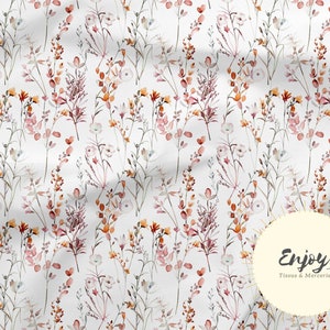 Tessuto Fiori di Campo "Rustico" Fogliame Neutro al metro, Stampa Foglie Floreali Cotone / Jersey / French Terry / Impermeabile / Oeko-Tex®