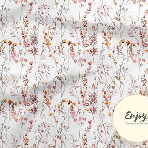 Field Flowers Fabric "Rustic" Neutral Foliage per meter, Floral Leaves Print Cotton / Jersey / French Terry / Waterproof / Oeko-Tex®