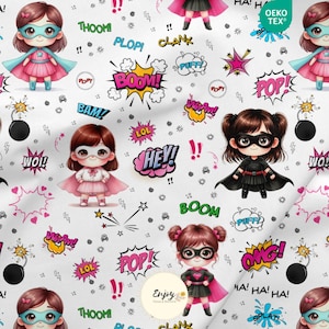 Pink Superheroine Comics Fabric Oeko-Tex Certified | Cotton, Jersey, French Terry, Waterproof, Sold by the Meter for Sewing Baby Clothes, Children's Clothes, Costumes, Decor