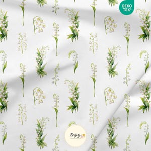 Tissu Brin de Muguet au Mètre, Imprimé Fleurs Clochettes Porte Bonheur Coton / Jersey / French Terry / Imperméable / Oeko-Tex®