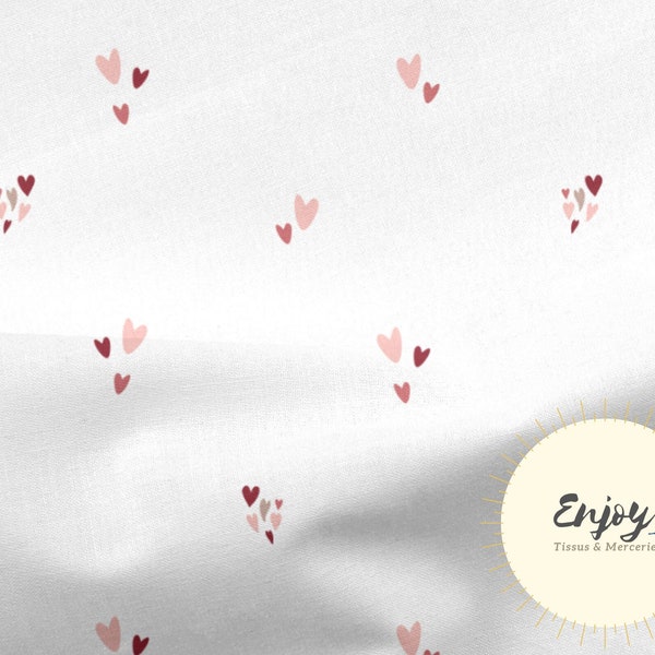 Tissu Petits Coeurs Roses Vieux Rose au mètre, Imprimé Amour Fond Blanc en Coton / Jersey / French Terry / Tissu Imperméable / Oeko-Tex®