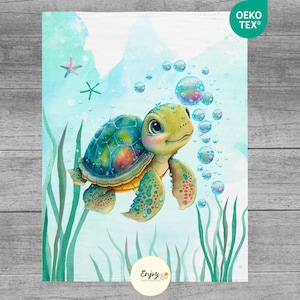 Blue Turtle Blanket Panel for Baby Child, 100% Oeko-Tex Cotton Coupon, Ocean Seabed Fabric Sea Animals