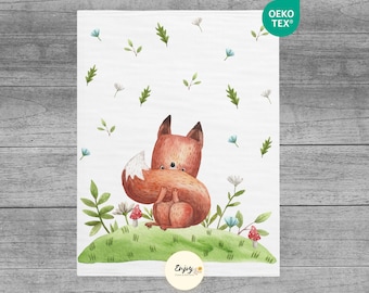 Fox Playful Blanket Panel for Baby/Child, 100% Oeko-Tex Cotton Coupon, Mixed Forest Animals Fabric