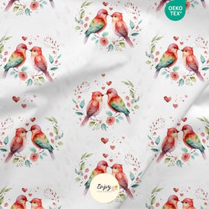 Red Birds and Little Hearts Fabric by the Meter, Lovebirds Print, Cotton/Jersey/French Terry/Waterproof Fabric/Oeko-Tex®