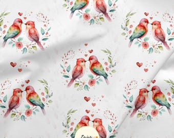 Red Birds and Little Hearts Fabric by the Meter, Lovebirds Print, Cotton/Jersey/French Terry/Waterproof Fabric/Oeko-Tex®