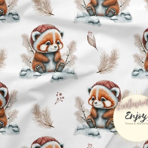 Tessuto Panda Rosso Inverno Cuccioli Animali al metro per Misto Neonata Ragazzo Bambino Cotone / Jersey / French Terry / Impermeabile / Oeko-Tex®