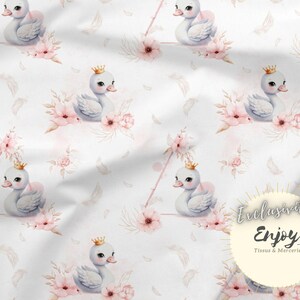 Tessuto al metro con motivo a cigni e cuccioli di principessa rosa, stampa floreale, fiori boho, cotone, jersey, french terry, impermeabile / Oeko-Tex®