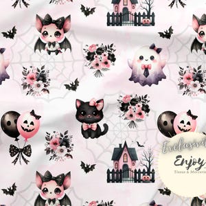 Tessuto rosa di Halloween al metro, simpatici fantasmi, gatto nero, stampa pipistrello Cotone / Jersey / French Terry / Impermeabile / Oeko-Tex®