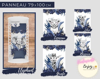 Panneau de Tissu Savane Bleu OEKO TEX pour couverture Bébé Enfant, Animaux de la Jungle Lion Eléphant Zèbre Girafe Rhino Feuillages Monstera