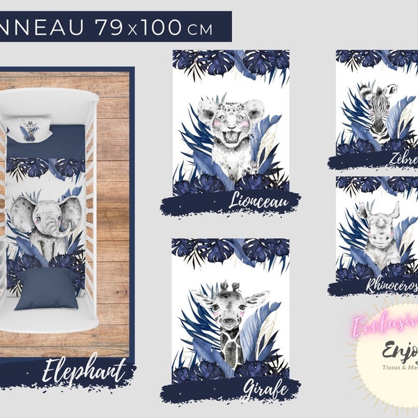 Panneau de Tissu Savane Bleu OEKO TEX pour couverture Bébé Enfant, Animaux de la Jungle Lion Eléphant Zèbre Girafe Rhino Feuillages Monstera