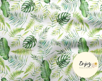 Tissu Feuillage de la Savane Jungle Vert au mètre, Imprimé Tropical Monstera Coton / Jersey / French Terry / Tissu Imperméable / Oeko-Tex®