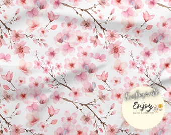 Tissu Fleuri Sakura Rose au mètre, Imprimé Fleurs de Cerisiers Japon en Coton / Jersey / French Terry / Imperméable / Oeko-Tex®