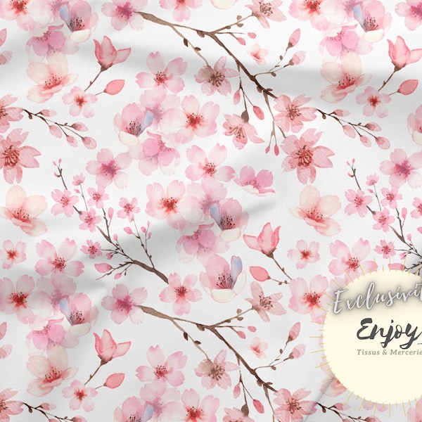 Tissu Fleuri Sakura Rose au mètre, Imprimé Fleurs de Cerisiers Japon en Coton / Jersey / French Terry / Imperméable / Oeko-Tex®