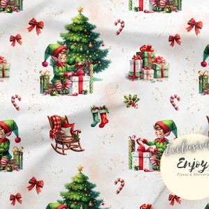 Tessuto natalizio Laboratorio di Babbo Natale al metro, stampato bambino bambino elfo elfo regalo cotone / Jersey / French Terry / impermeabile / Oeko-Tex®