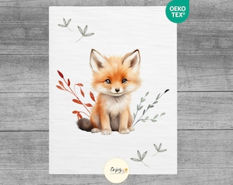 Fox Baby Blanket Panel, 100% Cotton Oeko-Tex Fabric Remnant, Enchanted Forest Animals for Children, Nature Mixed Fabric