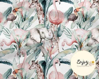 Tissu Savane Tropical Rose au mètre, Imprimé Jungle Feuillage Animaux en Coton / Jersey / French Terry / Tissu Imperméable / Oeko-Tex®