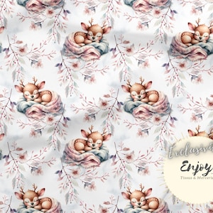 May include: A seamless pattern featuring watercolor illustrations of sleeping fawns nestled in pink and blue blankets. The background is a soft white with delicate pink and purple floral branches.