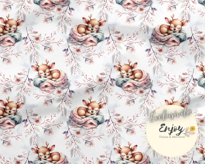 May include: A seamless pattern featuring watercolor illustrations of sleeping fawns nestled in pink and blue blankets. The background is a soft white with delicate pink and purple floral branches.