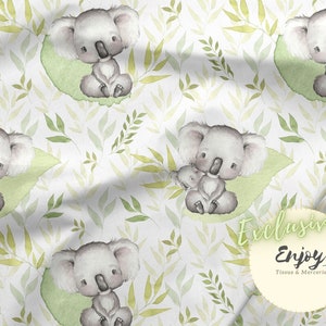 Baby Koala Fabric by the meter Mixed Green, Animal Leaves Eucalyptus Print Child Cotton / Jersey / French Terry / Waterproof / Oeko-Tex®