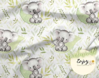 Tissu Bébé Koala au mètre Mixte Vert, Imprimé Animaux Feuilles Eucalyptus Enfant Coton / Jersey / French Terry / Imperméable / Oeko-Tex®