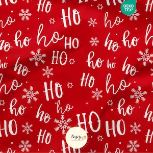Tessuto natalizio rosso al metro, con stampa di Babbo Natale e fiocchi di neve, HoHoHo, Cotone/Jersey/French Terry/Impermeabile/Oeko-Tex®