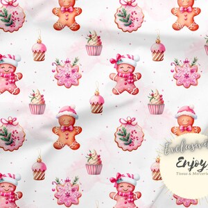 Tessuto omino di pan di zenzero rosa al metro, stampa Manele natalizia in cotone / Jersey / French Terry / Impermeabile / Oeko-Tex®