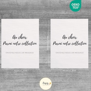 May include: Two white square cards with black text that reads "Au choix Parmi notre collection" and "ENVOYEZ NOUS UN MESSAGE". The cards are 75 cm wide and 100 cm high.