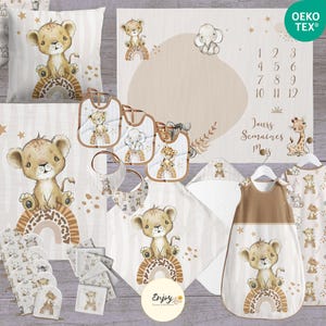 Kit Naissance Bébé Lion à Coudre Gigoteuse, Cape de Bain, Bavoirs, Panneau de Couverture, Lingettes Lavables, Coupon Tissu Animaux Oeko-Tex