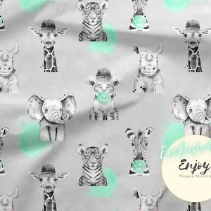 Tessuto Savane Bubble Gum verde menta al metro, stampa animali della giungla per bambini in cotone / Jersey / French Terry / Impermeabile / Oeko-Tex®