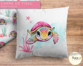 Panneau Carré Tissu Tortue d'eau Rose OEKO TEX, Coupon Animaux Marins pour Coussin 100% Coton Animaux de la mer pour Bébé Enfant